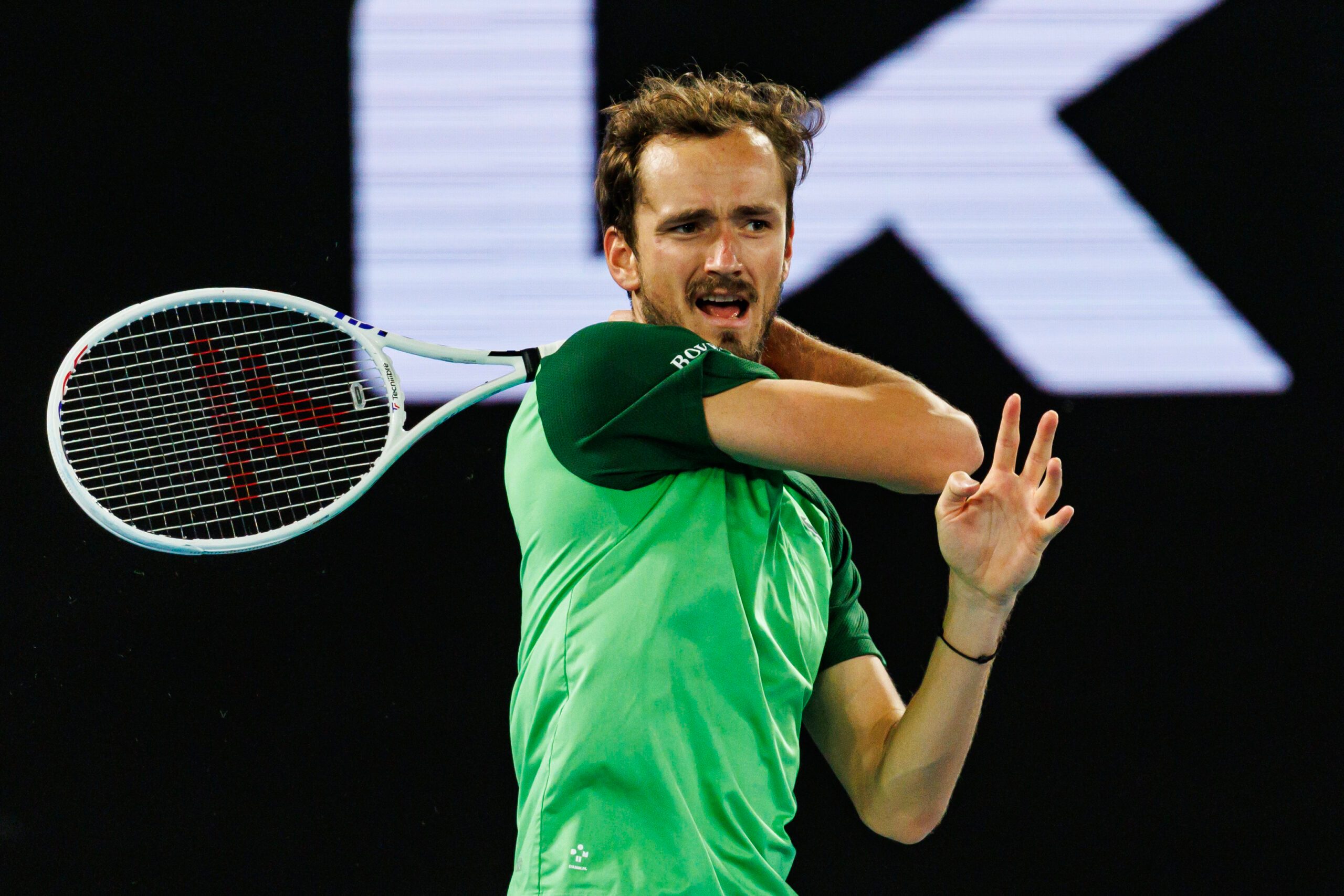 Jan 26, 2024; Melbourne, Victoria, Australia; 
Daniil Medvedev of Russia in action against Alexander Zverev in the semi-finals of the men s singles at the Australian Open. Mandatory Credit: Mike Frey-Imagn Images