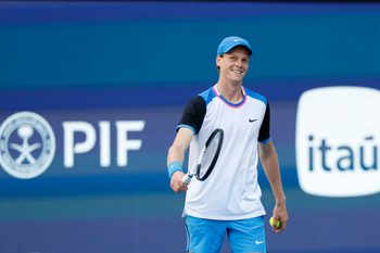 Mar 31, 2024; Miami Gardens, FL, USA; Jannik Sinner (ITA) celebrates after match point against Grigor Dmitrov (BUL) (not pictured) in the men's singles final of the Miami Open at Hard Rock Stadium. Mandatory Credit: Geoff Burke-Imagn Images