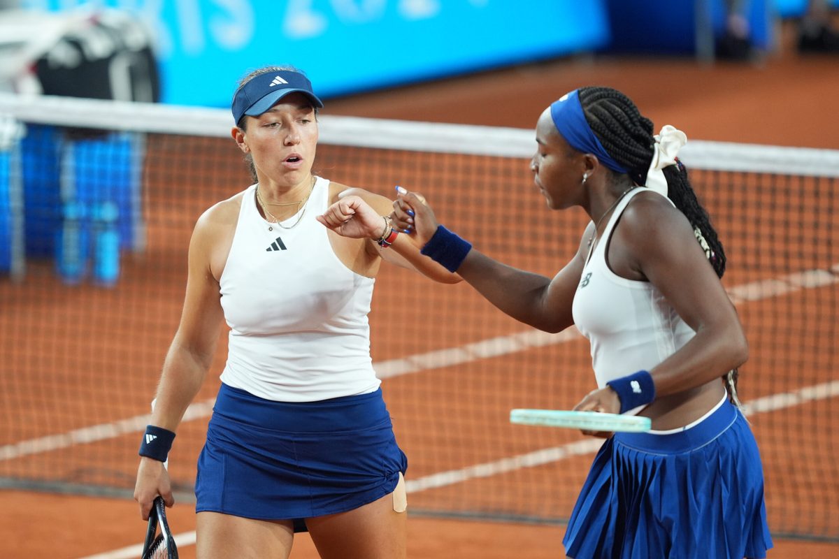 Jul 27, 2024; Paris, France; Coco Gauff (USA) and Jessica Pegula (USA) defeats Ellen Perez and Daria Saville (AUS) during a women's tennis doubles match during the Paris 2024 Olympic Summer Games at Stade Roland Garros. Mandatory Credit: Amber Searls-Imagn Images