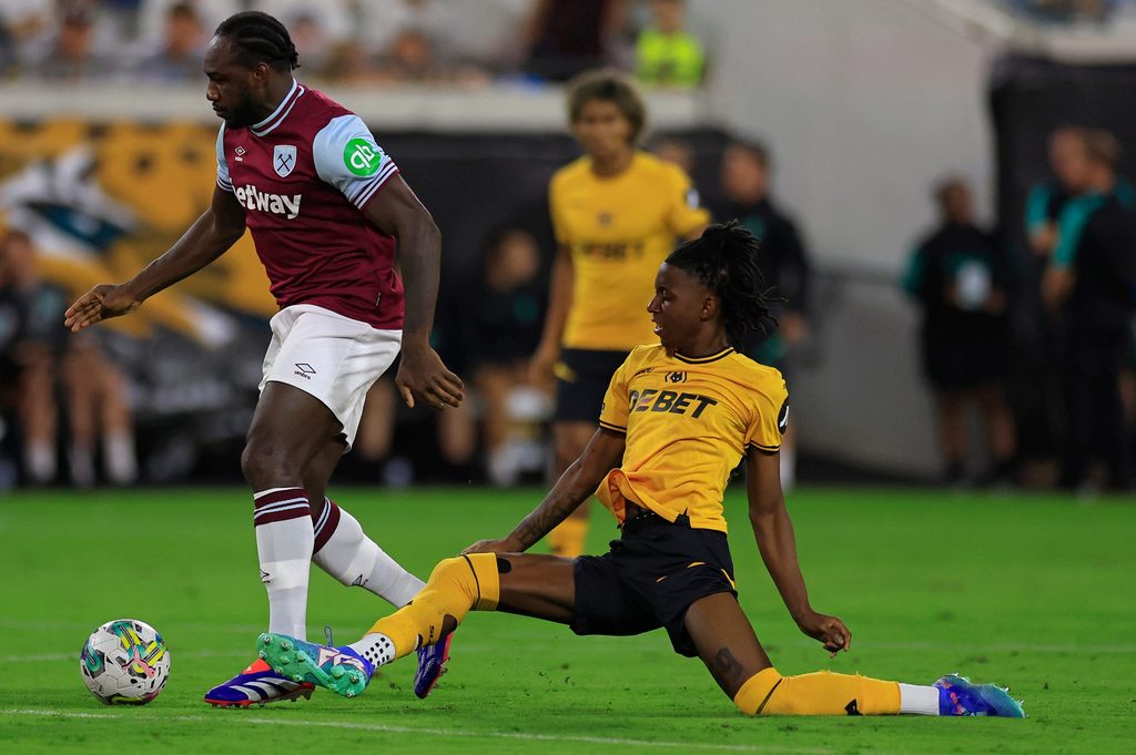 Wolverhampton Wanderers midfielder Tawanda Chirewa (28) tries to steal the ball from West Ham United forward Michail Antonio (9) during the second half of The Stateside Cup soccer tournament game Saturday, July 27, 2024 at EverBank Stadium in Jacksonville, Fla. The Wolverhampton Wanderers defeated West Ham United 3-1 in exhibition play.