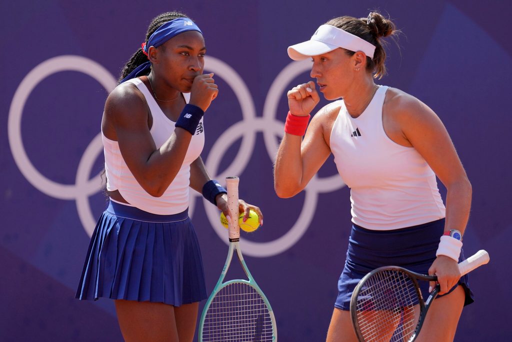 Jul 31, 2024; Paris, France; Coco Gauff (USA) and Jessica Pegula (USA) during the Paris 2024 Olympic Summer Games at Stade Roland Garros. Mandatory Credit: Kirby Lee-Imagn Images