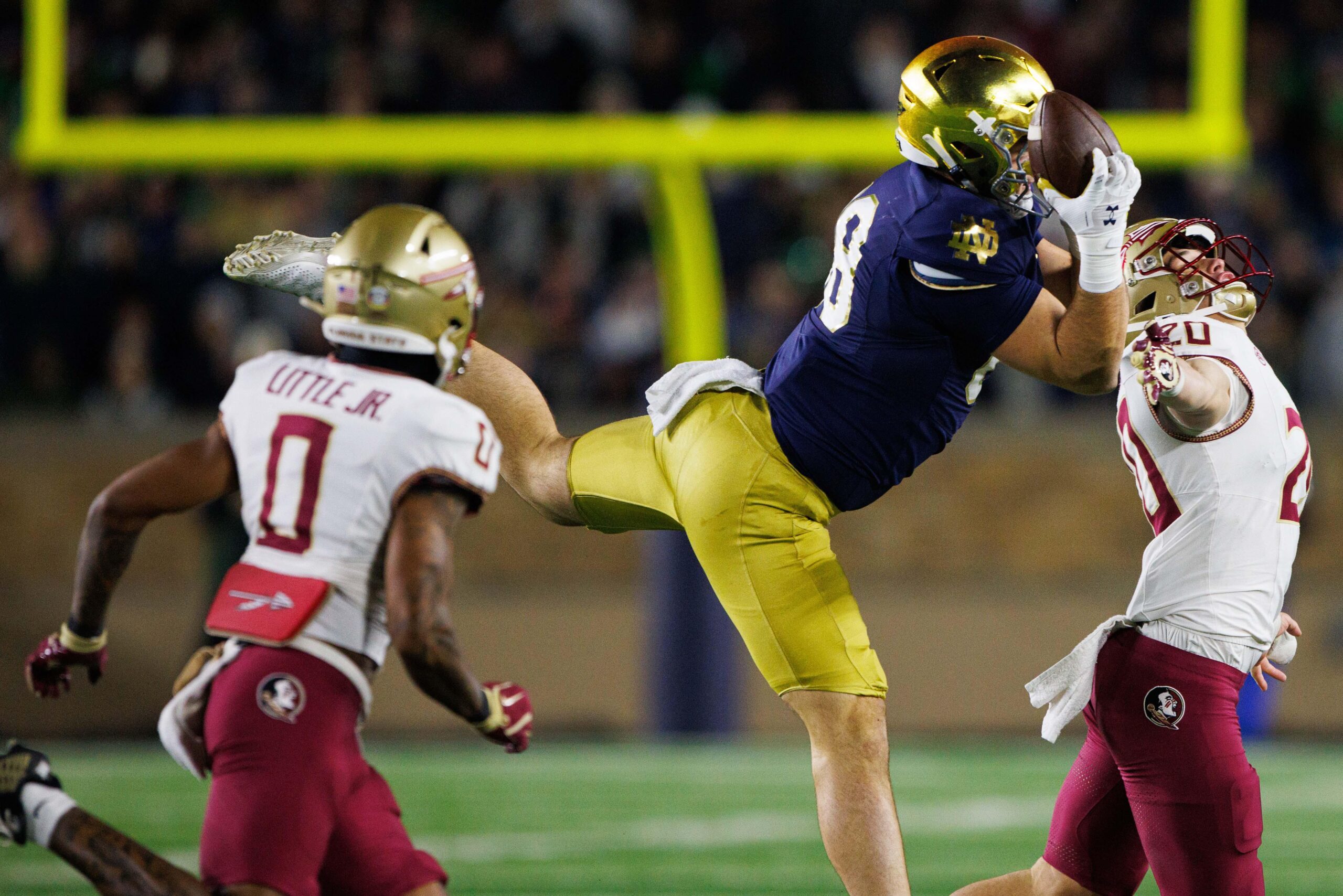 Notre Dame tight end Mitchell Evans (88) makes a catch that would later be ruled incomplete during a NCAA college football game against Florida State at Notre Dame Stadium on Saturday, Nov. 9, 2024, in South Bend.