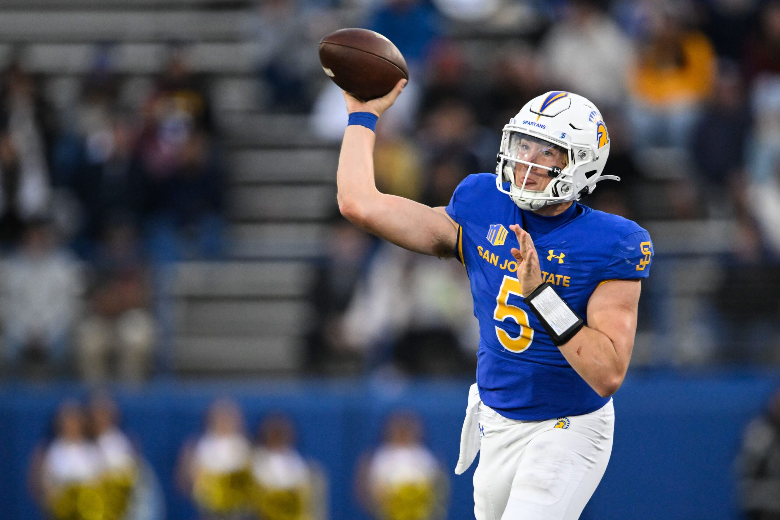 Nov 29, 2024; San Jose, California, USA; San Jose State Spartans quarterback Walker Eget (5) throws against the Stanford Cardinal in the fourth quarter at CEFCU Stadium. Mandatory Credit: Eakin Howard-Imagn Images