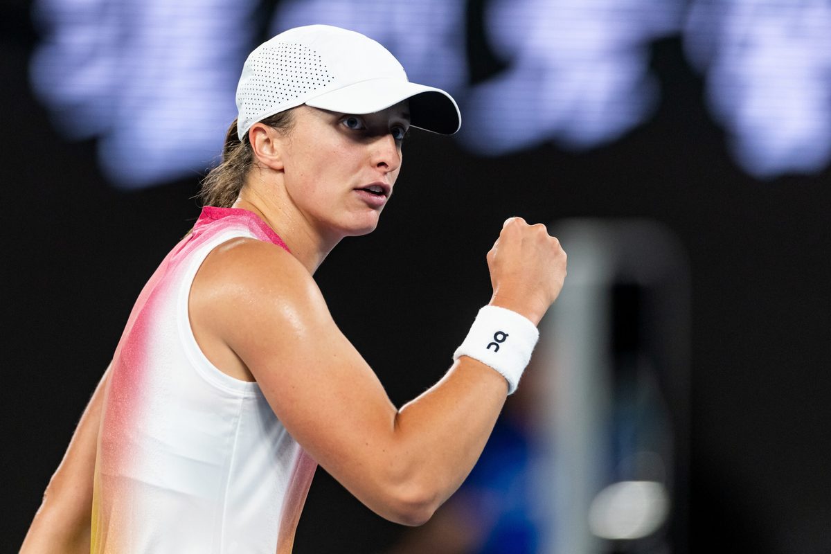 Jan 24, 2025; Melbourne, Victoria, Australia; Iga Swiatek of Poland celebrates during her match against Madison Keys of United States of America in the semifinals of the women's singles at the 2025 Australian Open at Melbourne Park. Mandatory Credit: Mike Frey-Imagn Images