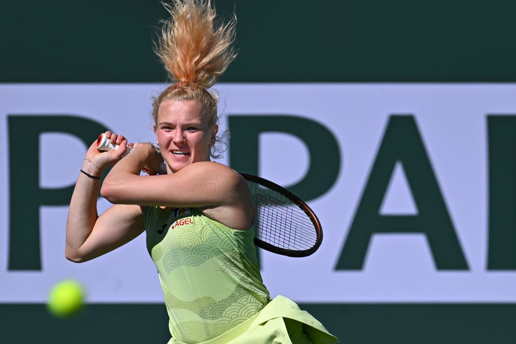 Mar 9, 2025; Indian Wells, CA, USA; Katerina Siniakova (CZE) hits a ball against Karolina Muchova (CZE) at Indian Well Tennis Garden. Mandatory Credit: Jonathan Hui-Imagn Images