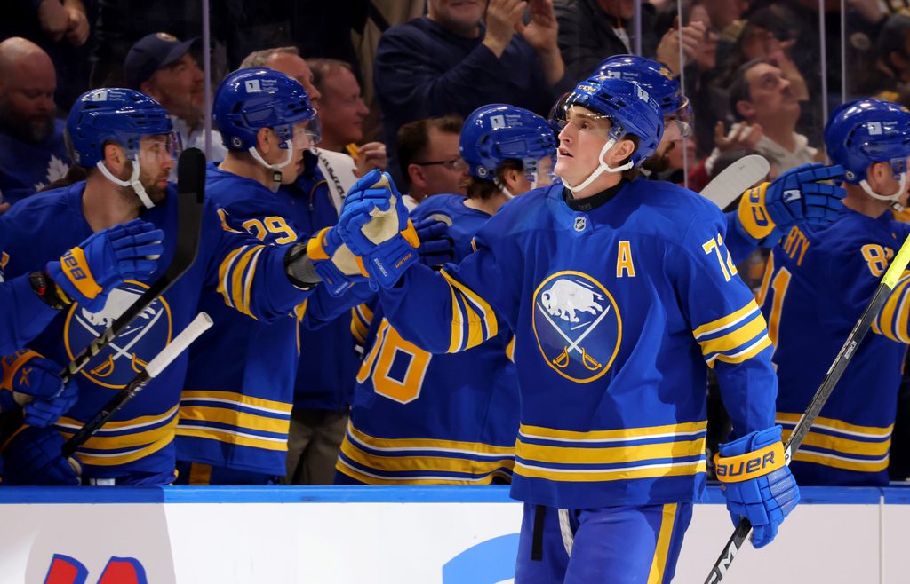 Apr 6, 2025; Buffalo, New York, USA;  Buffalo Sabres center Tage Thompson (72) celebrates his second goal of the game with teammates during the third period against the Boston Bruins at KeyBank Center. Mandatory Credit: Timothy T. Ludwig-Imagn Images