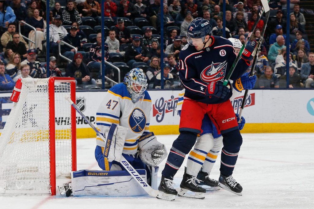 Apr 10, 2025; Columbus, Ohio, USA; Buffalo Sabres goalie James Reimer (47) makes a save as Columbus Blue Jackets left wing James van Riemsdyk (21) looks for a rebound during the second period at Nationwide Arena. Mandatory Credit: Russell LaBounty-Imagn Images