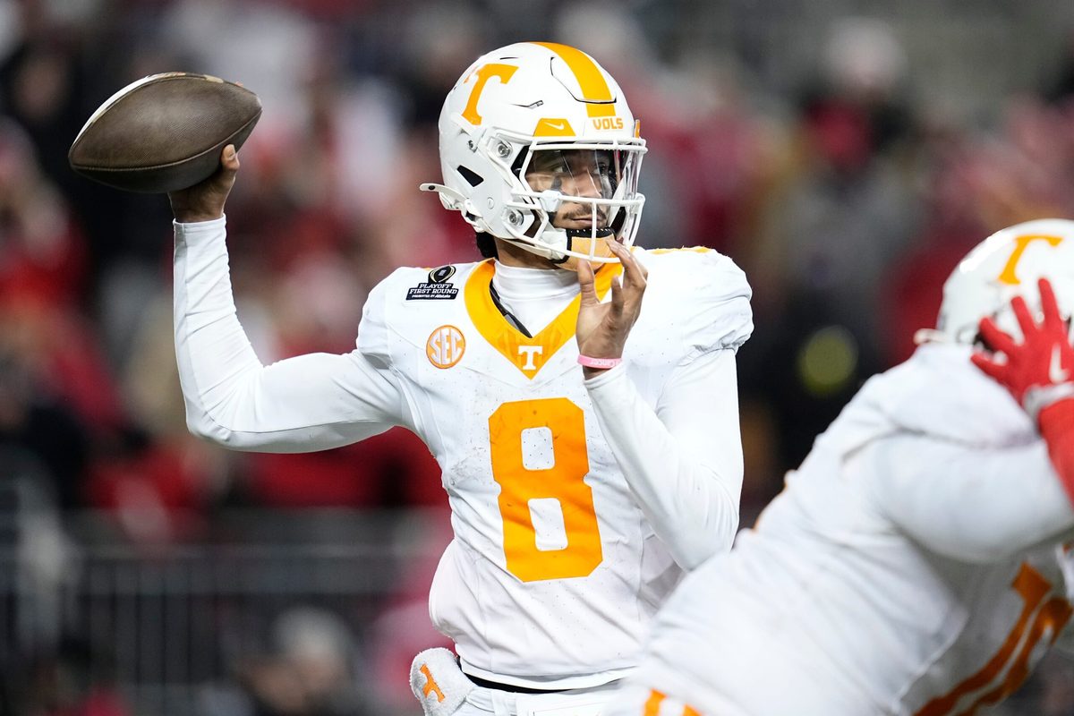 Tennessee Volunteers quarterback Nico Iamaleava (8) throws during the second half of the College Football Playoff first round game against the Ohio State Buckeyes at Ohio Stadium in Columbus on Dec. 22, 2024. Ohio State won 42-17.