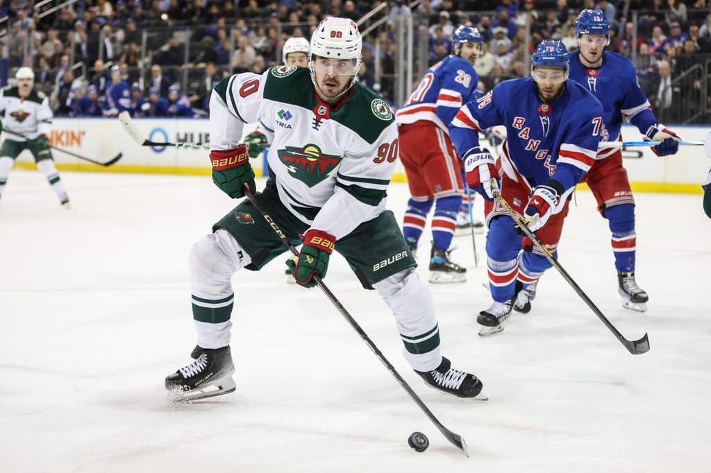 Apr 2, 2025; New York, New York, USA; Minnesota Wild left wing Marcus Johansson (90) at Madison Square Garden. Mandatory Credit: Wendell Cruz-Imagn Images