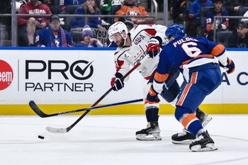 Apr 15, 2025; Elmont, New York, USA; Washington Capitals right wing Tom Wilson (43) takes a shot on goal as New York Islanders defenseman Ryan Pulock (6) defends during the first period at UBS Arena. Mandatory Credit: John Jones-Imagn Images