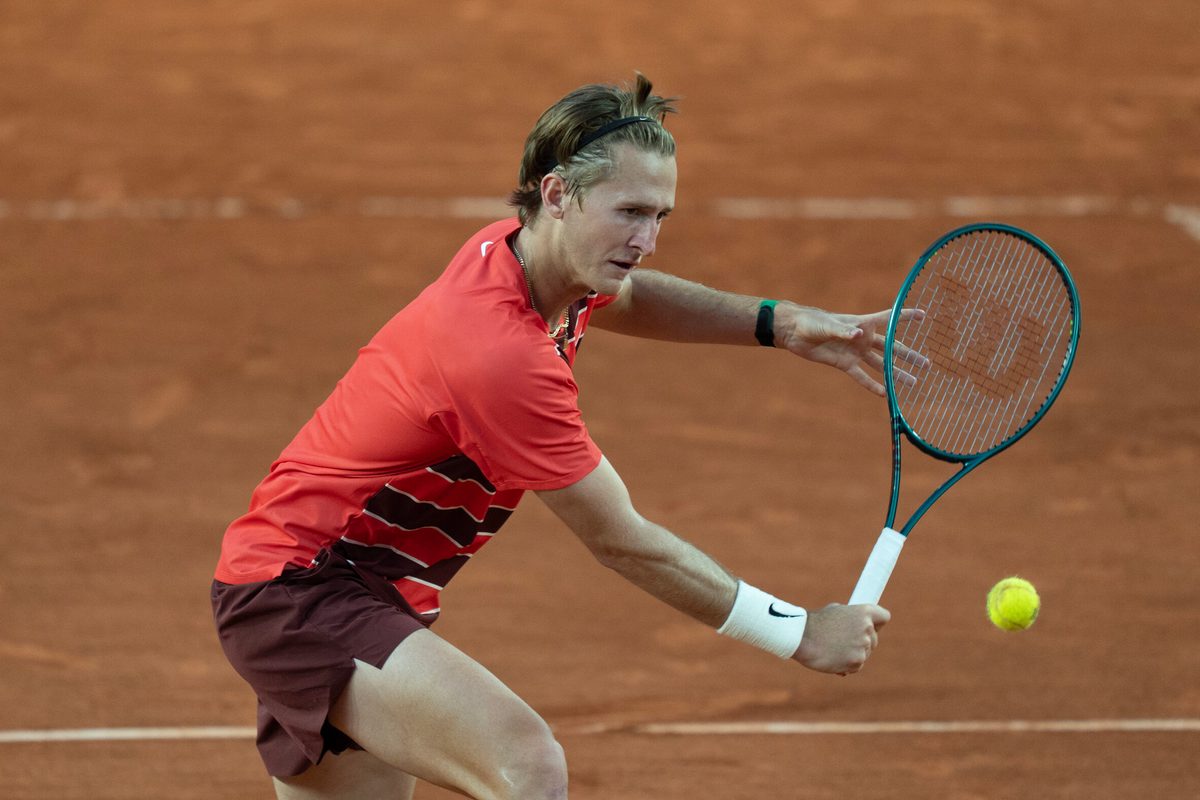 May 30, 2025; Paris, FR; Sebastian Korda of the United States returns a shot during his match against Frances Tiafoe of the United States on day six at Roland Garros Stadium. Mandatory Credit: Susan Mullane-Imagn Images