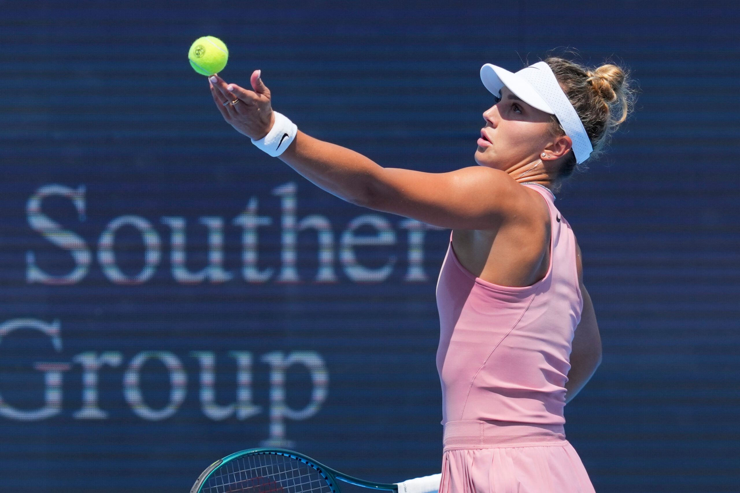 Aug 7, 2025; Cincinnati, OH, USA; Jaqueline Cristian (ROU) serves against Marketa Vondrousova (CZE) during the Cincinnati Open at the Lindner Family Tennis Center. Mandatory Credit: Aaron Doster-Imagn Images
