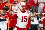 Aug 28, 2025; Kansas City, Missouri, USA; Nebraska Cornhuskers quarterback Dylan Raiola (15) passes against the Cincinnati Bearcats during the first quarter at GEHA Field at Arrowhead Stadium. Mandatory Credit: Dylan Widger-Imagn Images