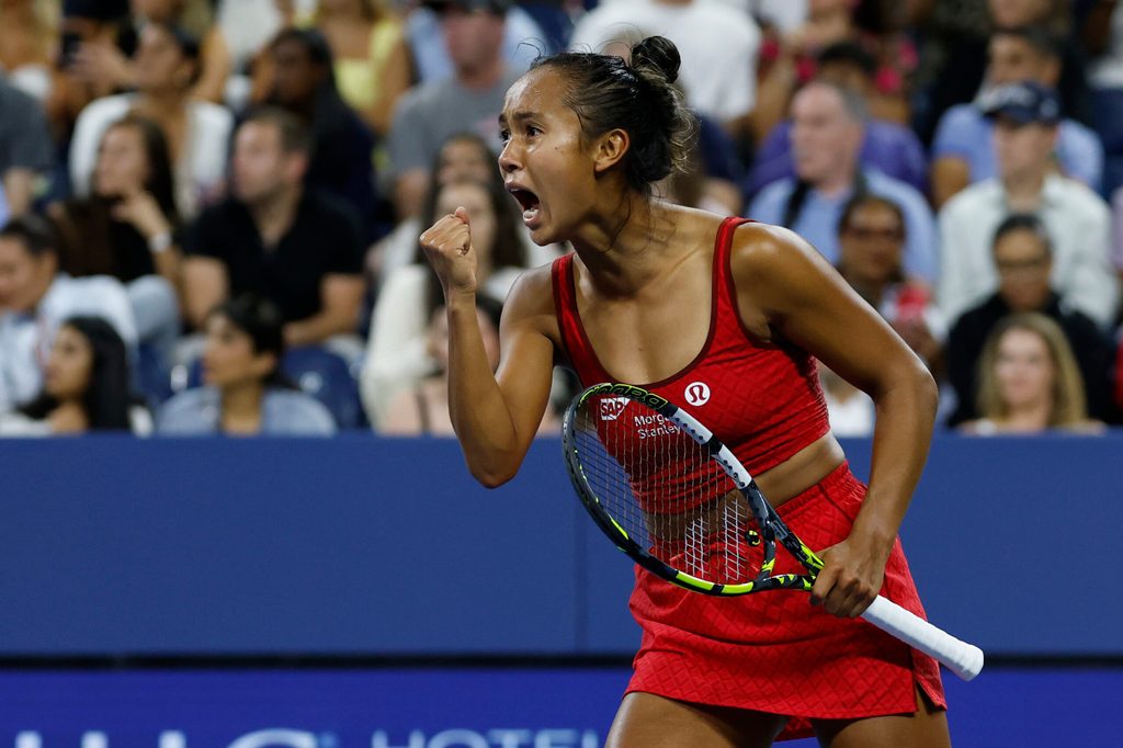 Aug 29, 2025; Flushing, NY, USA; Leylah Fernandez (CAN) reacts after winning a point against Aryna Sabalenka (not pictured) on day six of the 2025 US Open tennis tournament at Billie Jean King USTA National Tennis Center. Mandatory Credit: Geoff Burke-Imagn Images