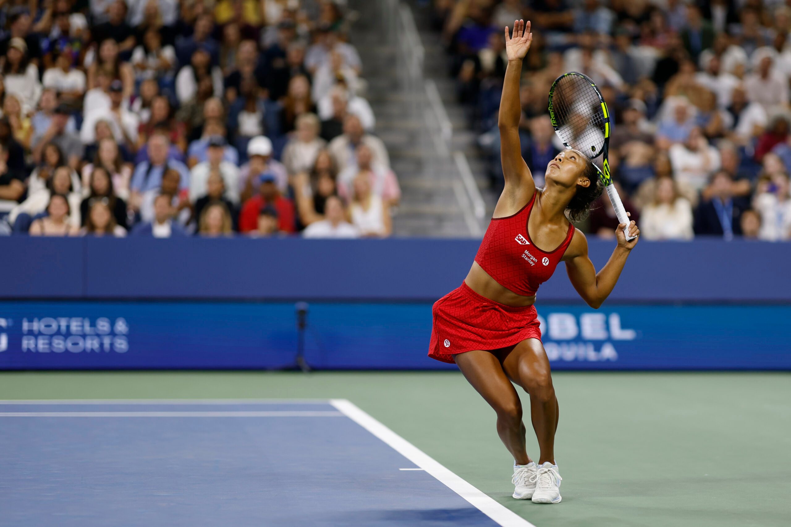 Aug 29, 2025; Flushing, NY, USA; Leylah Fernandez (CAN) serves against Aryna Sabalenka (not pictured) on day six of the 2025 US Open tennis tournament at Billie Jean King USTA National Tennis Center. Mandatory Credit: Geoff Burke-Imagn Images