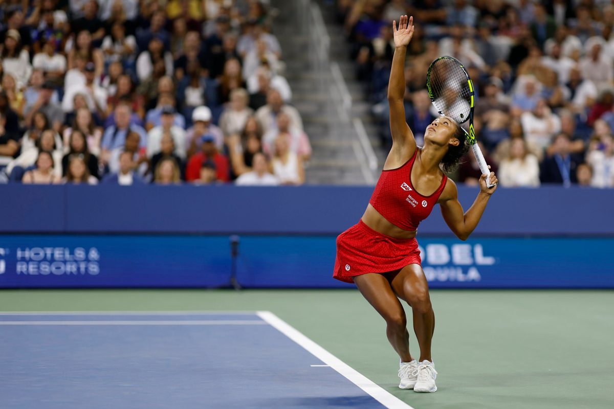 Aug 29, 2025; Flushing, NY, USA; Leylah Fernandez (CAN) serves against Aryna Sabalenka (not pictured) on day six of the 2025 US Open tennis tournament at Billie Jean King USTA National Tennis Center. Mandatory Credit: Geoff Burke-Imagn Images