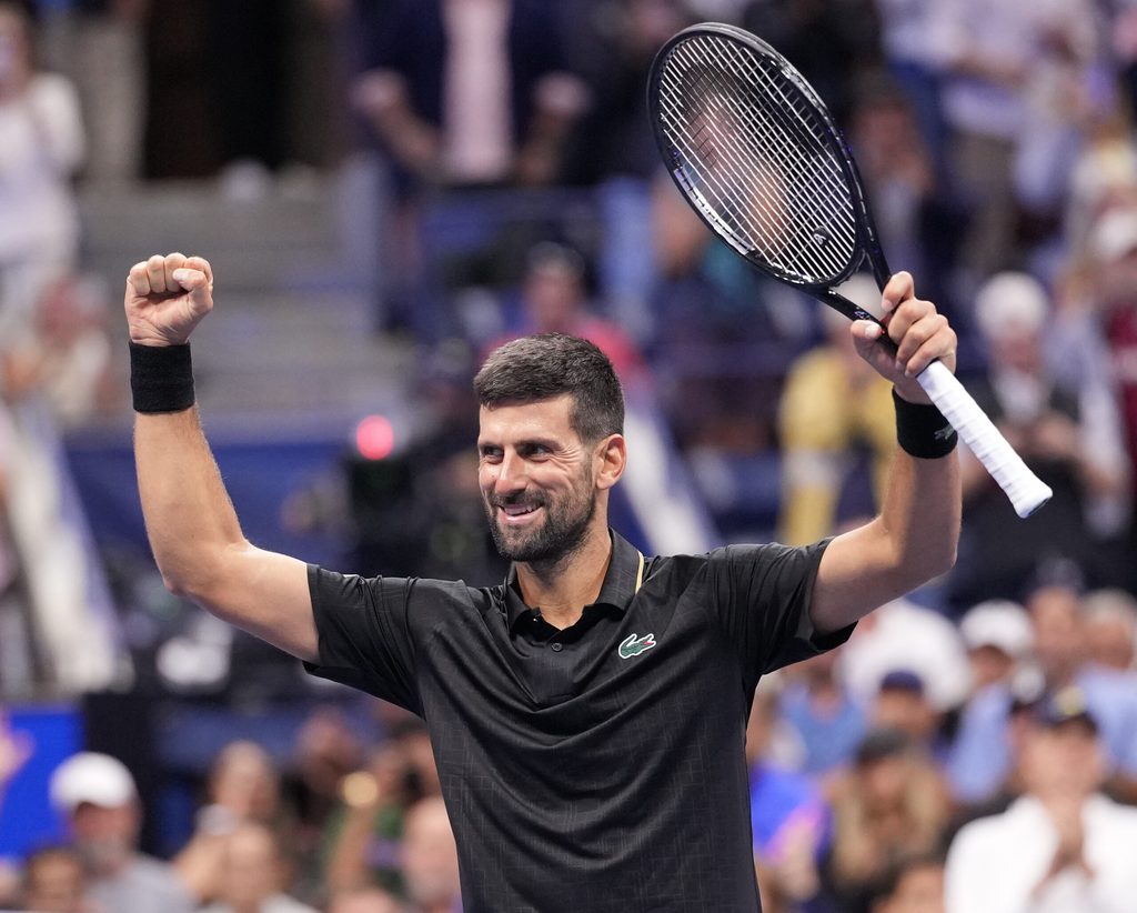 Aug 29, 2025; Flushing, NY, USA; Novak Djokovic (SRB) after beating Cameron Norrie (GBR) (not pictured) on day six of the 2025 U.S. Open tennis tournament at the USTA Billie Jean King National Tennis Center. Mandatory Credit: Robert Deutsch-Imagn Images