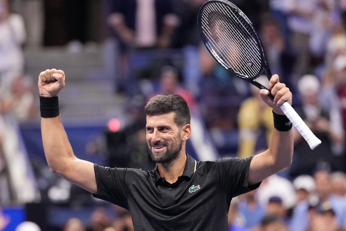 Aug 29, 2025; Flushing, NY, USA; Novak Djokovic (SRB) after beating Cameron Norrie (GBR) (not pictured) on day six of the 2025 U.S. Open tennis tournament at the USTA Billie Jean King National Tennis Center. Mandatory Credit: Robert Deutsch-Imagn Images