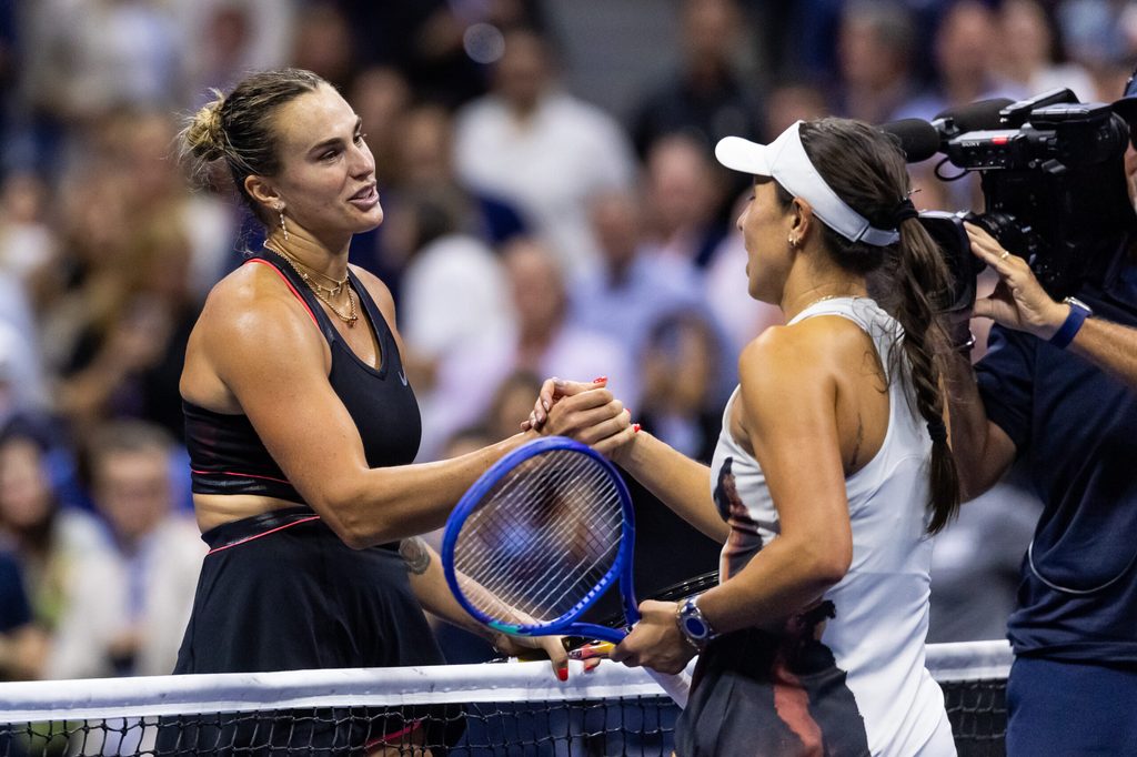 Sep 4, 2025; Flushing, NY, USA; Aryna Sabalenka of Belarus celebrates her victory over Jessica Pegula of the United States in the semifinal of the women’s singles at the US Open at Arthur Ashe Stadium in Billie Jean King National Tennis Center. Mandatory Credit: Mike Frey-Imagn Images