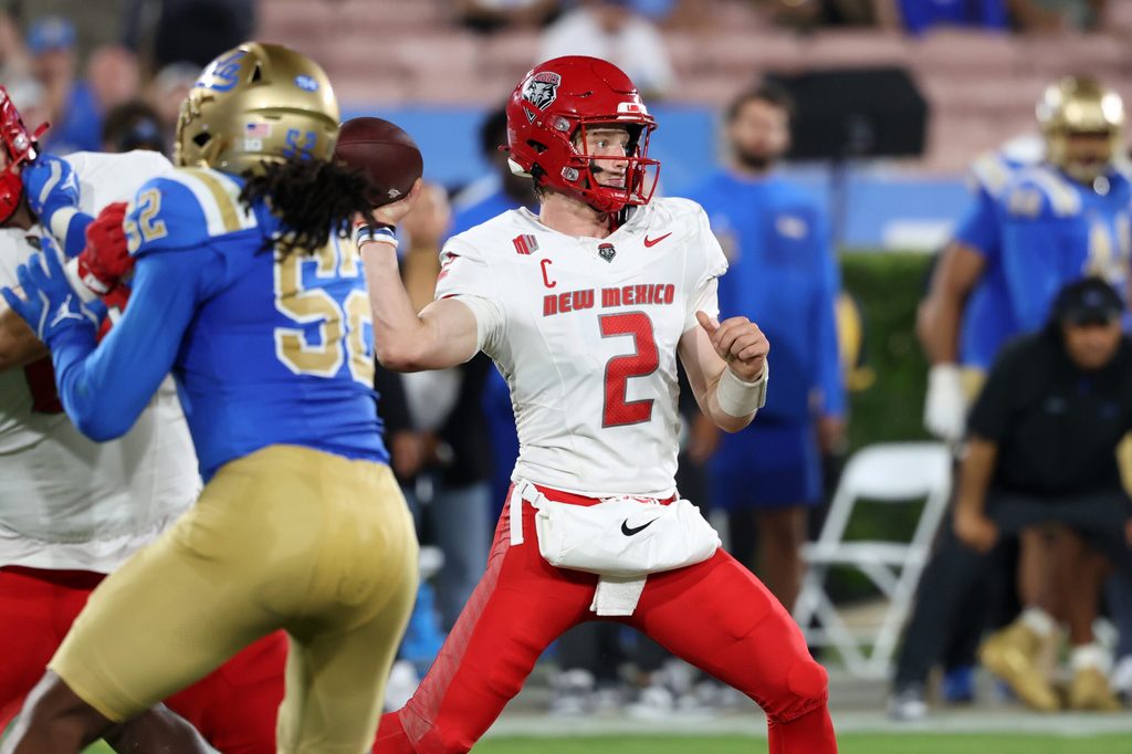 Sep 12, 2025; Pasadena, California, USA;  New Mexico Lobos quarterback Jack Layne (2) throws a pass during the second quarter against the UCLA Bruins at Rose Bowl. Mandatory Credit: Kiyoshi Mio-Imagn Images