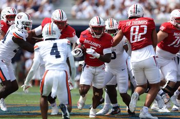 Sep 13, 2025; Auburn, Alabama, USA;  South Alabama Jaguars running back Kentrel Bullock (5) carries during the first quarter against the Auburn Tigers at Jordan-Hare Stadium. Mandatory Credit: John Reed-Imagn Images
