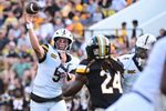 Appalachian State Mountaineers quarterback AJ Swann (5) makes a pass against the Southern Miss Golden Eagles during the first quarter at M.M. Roberts Stadium in Hattiesburg, Mississippi, on September 13, 2025.