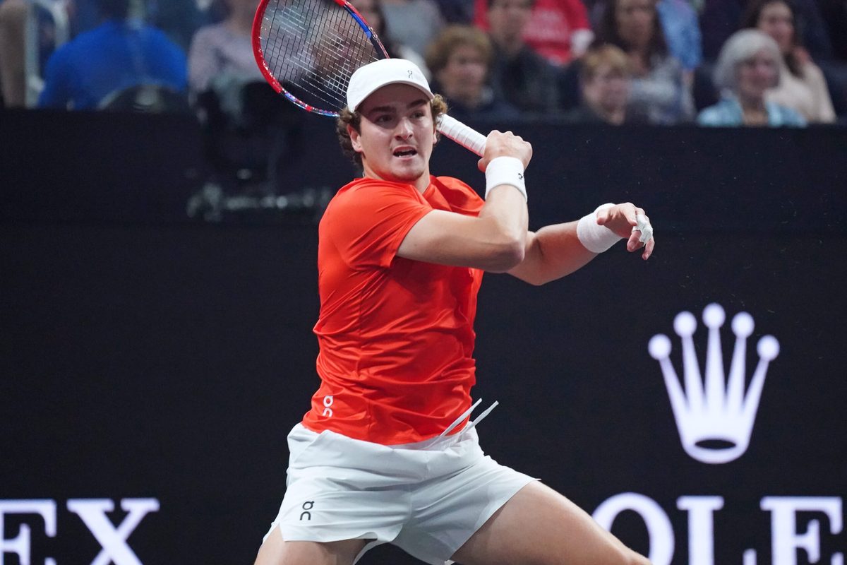 Sep 19, 2025; San Francisco, CA, USA; Team World player Joao Fonseca hits a forehand during his match against Team Europe player Flavio Cobolli at the Laver Cup at Chase Center. Mandatory Credit: David Gonzales-Imagn Images