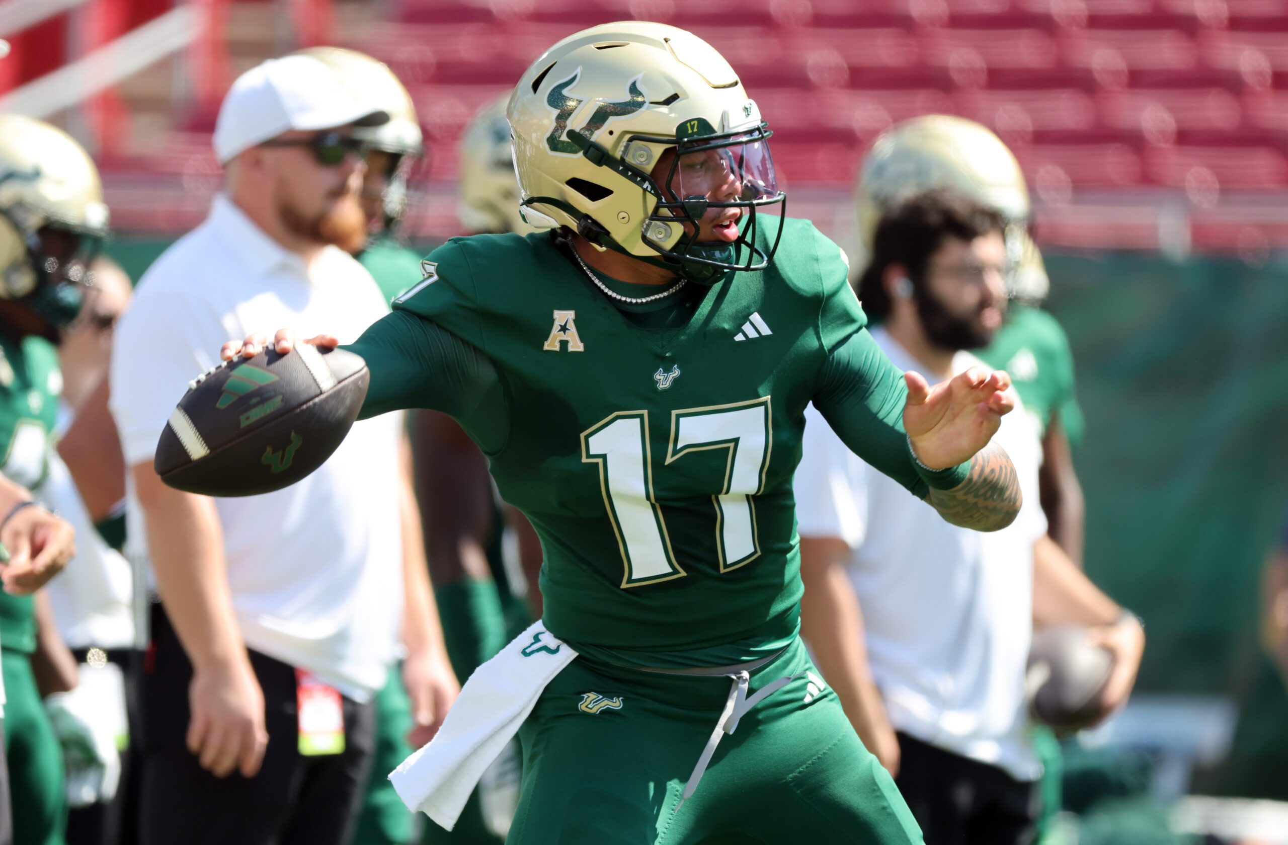 Sep 20, 2025; Tampa, Florida, USA; South Florida Bulls quarterback Byrum Brown (17) before the game against the South Carolina State Bulldogs at Raymond James Stadium. Mandatory Credit: Kim Klement Neitzel-Imagn Images