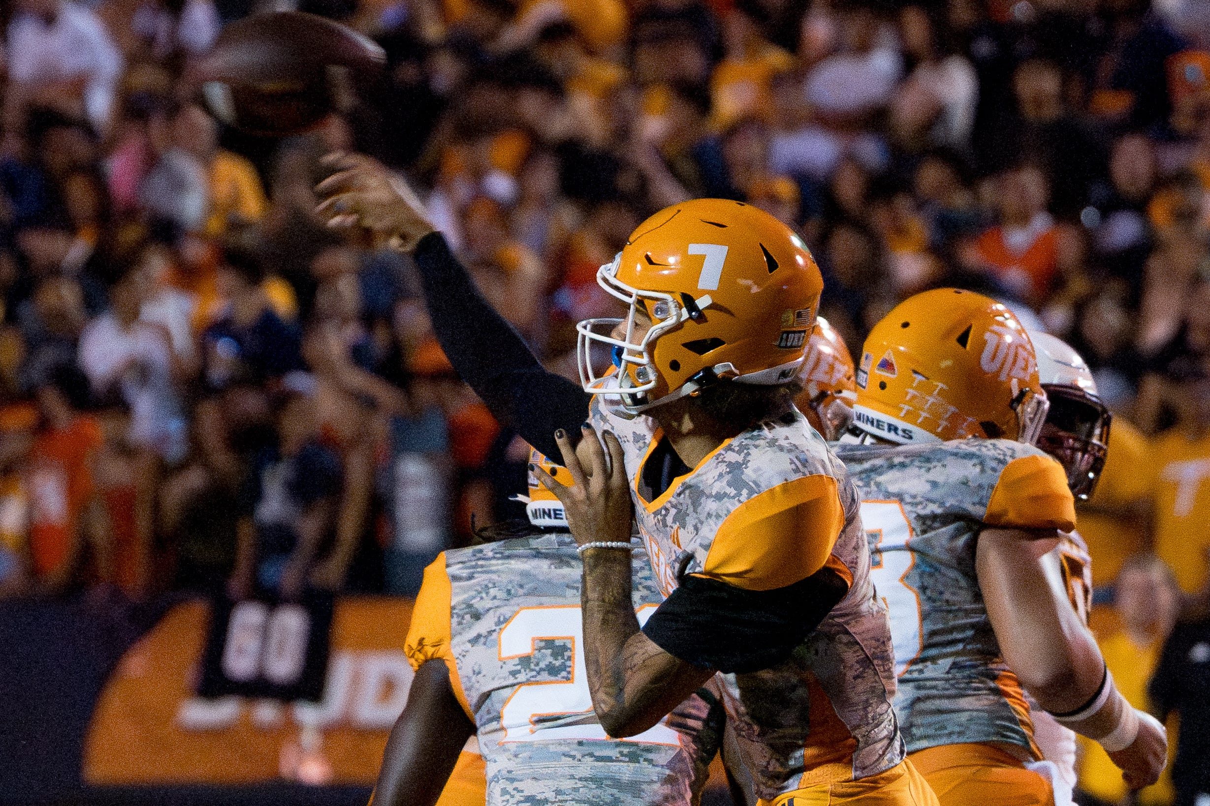 UTEP’s Malachi Nelson (7) throws the ball during a game against Louisiana-Monroe at the Sun Bowl in El Paso, Texas, on Saturday, Sept. 20, 2025.
