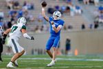 Sep 27, 2025; Colorado Springs, Colorado, USA; Air Force Falcons quarterback Liam Szarka (9) attempts a pass under pressure from Hawaii Rainbow Warriors linebacker Giovanni Iovino (17) in the fourth quarter at Falcon Stadium. Mandatory Credit: Isaiah J. Downing-Imagn Images