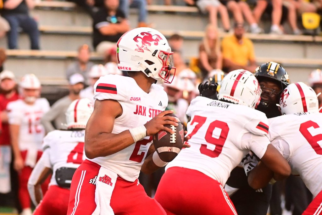Jacksonville State Gamecocks quarterback Gavin Wimsatt (2) looks to pass against the Southern Miss Golden Eagles during the first quarter at M.M. Roberts Stadium in Hattiesburg, Miss. on Sept. 27, 2025.