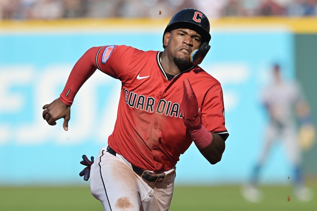 Sep 28, 2025; Cleveland, Ohio, USA; Cleveland Guardians center fielder Angel Martinez (1) advances to third on a hit by third baseman Jose Ramirez (not pictured) during the third inning against the Texas Rangers at Progressive Field. Mandatory Credit: Ken Blaze-Imagn Images