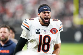 Sep 28, 2025; Paradise, Nevada, USA; Chicago Bears quarterback Caleb Williams (18) celebrates after the game against the Las Vegas Raiders at Allegiant Stadium. Mandatory Credit: Stephen R. Sylvanie-Imagn Images