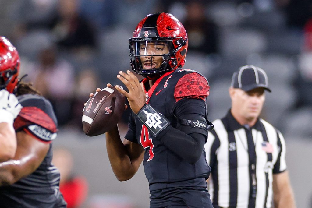 Oct 3, 2025; San Diego, California, USA; San Diego State Aztecs quarterback Jayden Denegal (4) throws a pass during the first half against the Colorado State Rams at Snapdragon Stadium. Mandatory Credit: David Frerker-Imagn Images