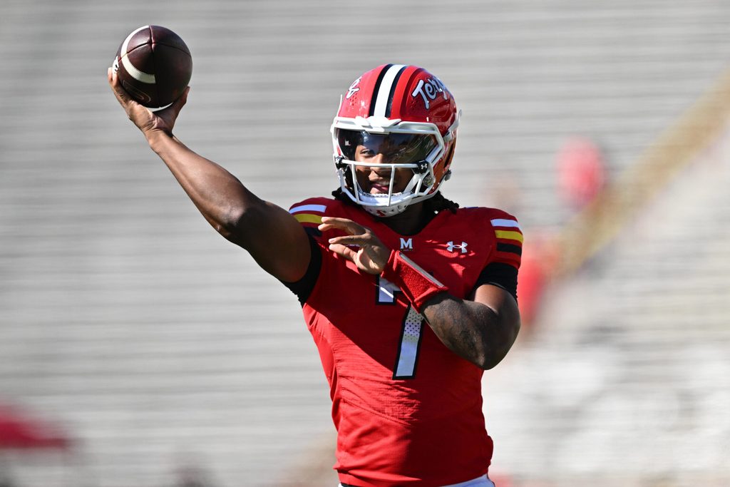 Oct 4, 2025; College Park, Maryland, USA; Maryland Terrapins quarterback Malik Washington (7) warms up before a game against the Washington Huskies at SECU Stadium. Mandatory Credit: Jamie Sabau-Imagn Images