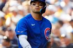 Chicago Cubs right fielder Seiya Suzuki (27) looks to the score board after being called out on strikes during the third inning of the National League Division Series game against the Milwaukee Brewers on Saturday October 4, 2025 at American Family Field in Milwaukee, Wisconsin.