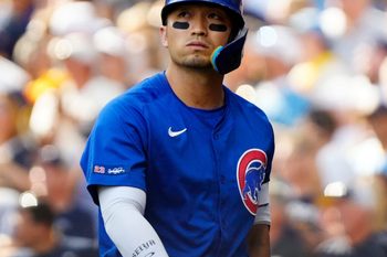 Chicago Cubs right fielder Seiya Suzuki (27) looks to the score board after being called out on strikes during the third inning of the National League Division Series game against the Milwaukee Brewers on Saturday October 4, 2025 at American Family Field in Milwaukee, Wisconsin.