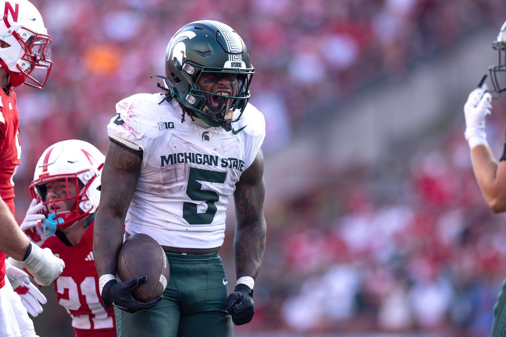 Oct 4, 2025; Lincoln, Nebraska, USA; Michigan State Spartans running back Makhi Frazier (5) celebrates during the game against Nebraska at Memorial Stadium. Mandatory Credit: Kylie Graham-Imagn Images