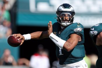 Oct 5, 2025; Philadelphia, Pennsylvania, USA; Philadelphia Eagles quarterback Jalen Hurts (1) passes against the Denver Broncos in the second quarter at Lincoln Financial Field. Mandatory Credit: Bill Streicher-Imagn Images
