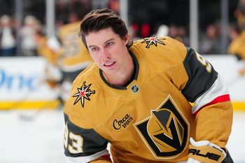 Oct 8, 2025; Las Vegas, Nevada, USA; Vegas Golden Knights right wing Mitch Marner (93) warms up before a game against the Los Angeles Kings at T-Mobile Arena. Mandatory Credit: Stephen R. Sylvanie-Imagn Images