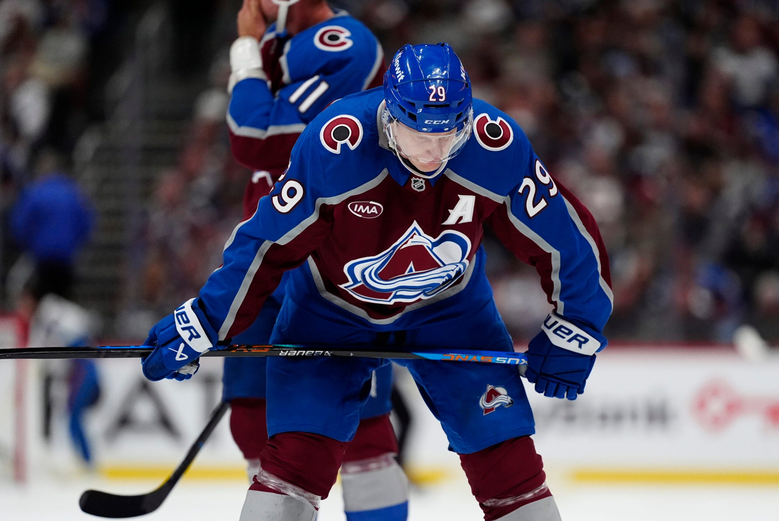 Oct 9, 2025; Denver, Colorado, USA; Colorado Avalanche center Nathan MacKinnon (29) during the second period against the Utah Mammoth at Ball Arena. Mandatory Credit: Ron Chenoy-Imagn Images