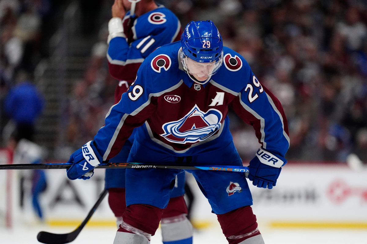 Oct 9, 2025; Denver, Colorado, USA; Colorado Avalanche center Nathan MacKinnon (29) during the second period against the Utah Mammoth at Ball Arena. Mandatory Credit: Ron Chenoy-Imagn Images