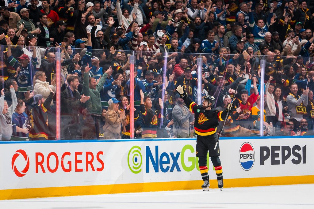 Oct 9, 2025; Vancouver, British Columbia, CAN; Vancouver Canucks forward Filip Chytil (72) celebrates his first goal of the period against the Calgary Flames in the third period at Rogers Arena. Mandatory Credit: Bob Frid-Imagn Images