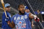 Oct 11, 2025; Toronto, Ontario, CA;  Toronto Blue Jays first baseman Vladimir Guerrero Jr. (27) reacts in batting practice during workouts for the American League Championship Series at Rogers Centre.  Mandatory Credit: Dan Hamilton-Imagn Images