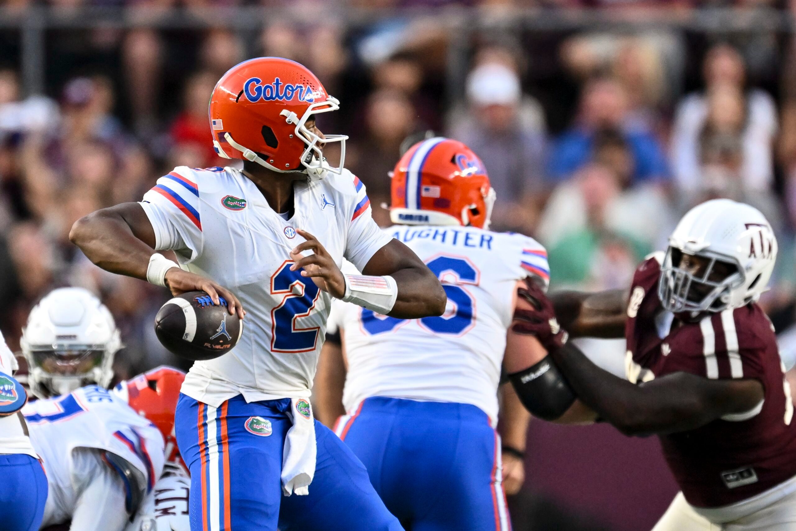 Oct 11, 2025; College Station, Texas, USA; Florida Gators quarterback DJ Lagway (2) looks to pass the ball during the first half against the Texas A&M Aggies at Kyle Field. Mandatory Credit: Maria Lysaker-Imagn Images