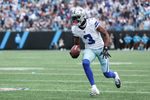 Oct 12, 2025; Charlotte, North Carolina, USA; Dallas Cowboys wide receiver George Pickens (3) runs with the ball during the first quarter against the Carolina Panthers at Bank of America Stadium. Mandatory Credit: Cory Knowlton-Imagn Images