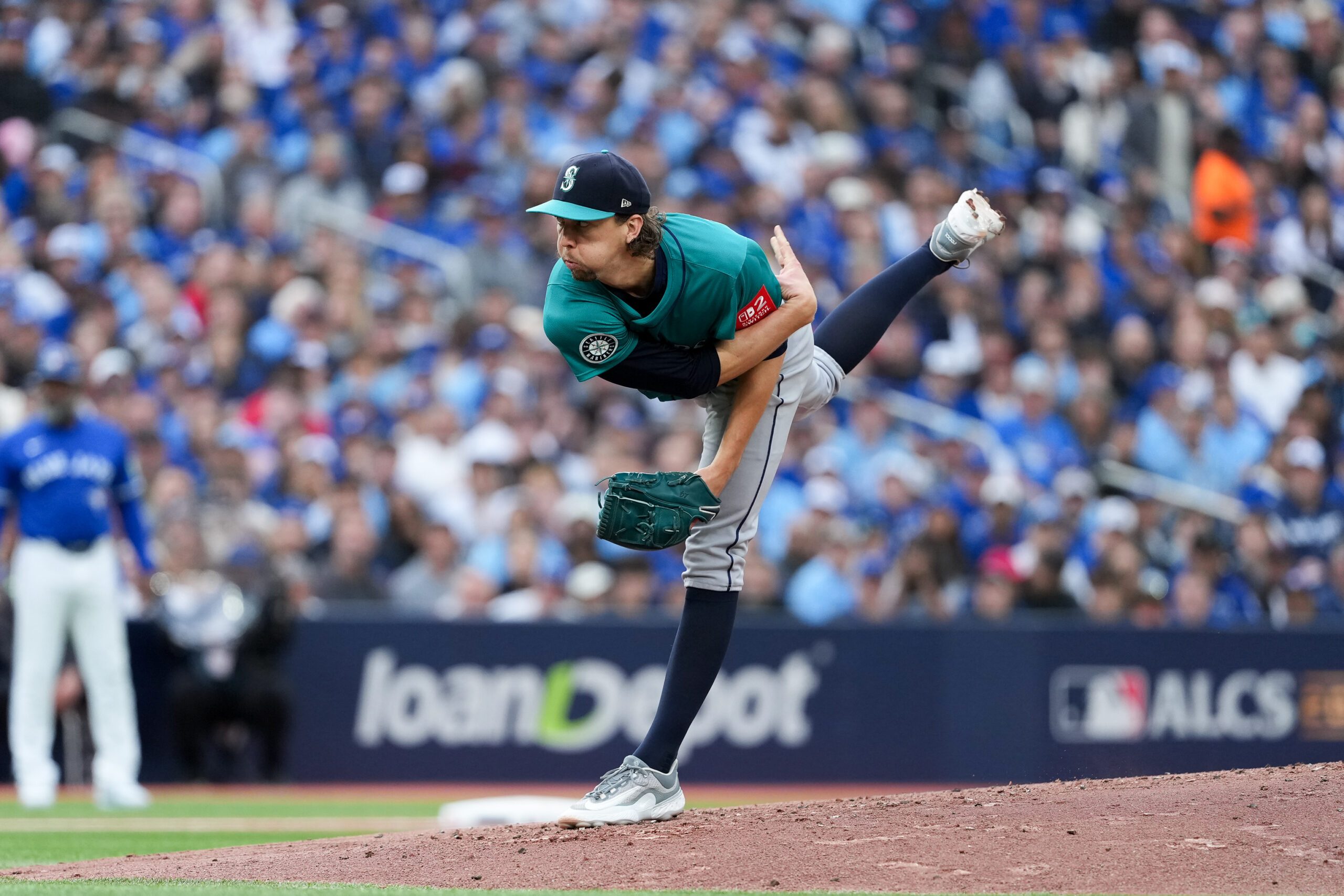 Oct 13, 2025; Toronto, Ontario, CAN; Seattle Mariners pitcher Logan Gilbert (36) delivers a pitch during the first inning against the Toronto Blue Jays during game two of the ALCS round for the 2025 MLB playoffs at Rogers Centre. Mandatory Credit: Nick Turchiaro-Imagn Images
