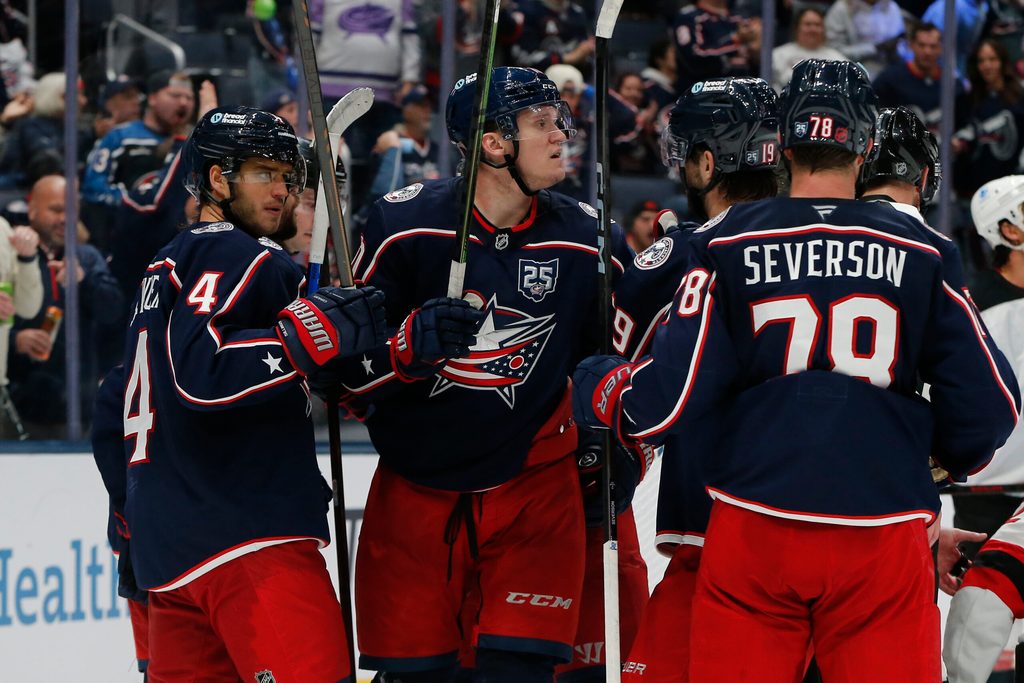 Oct 13, 2025; Columbus, Ohio, USA; Columbus Blue Jackets left wing Dmitri Voronkov (10) celebrates his goal against the New Jersey Devils during the third period at Nationwide Arena. Mandatory Credit: Russell LaBounty-Imagn Images