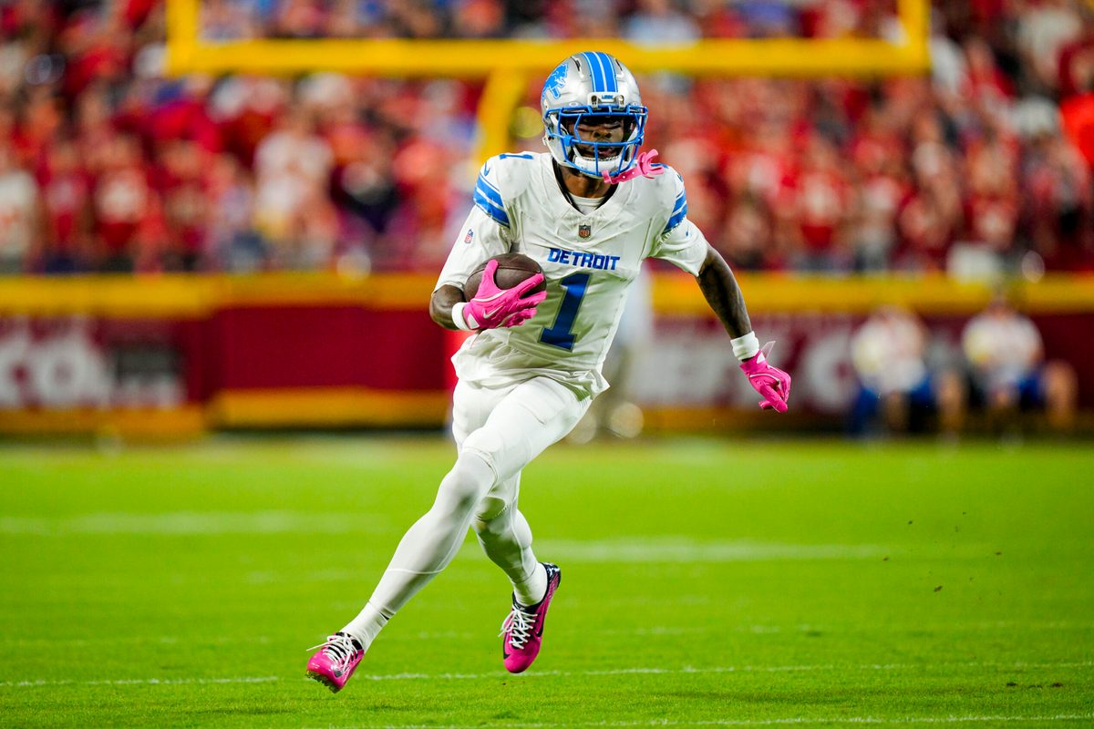 Oct 12, 2025; Kansas City, Missouri, USA; Detroit Lions wide receiver Jameson Williams (1) runs with the ball during the first half against the Kansas City Chiefs at GEHA Field at Arrowhead Stadium. Mandatory Credit: Jay Biggerstaff-Imagn Images