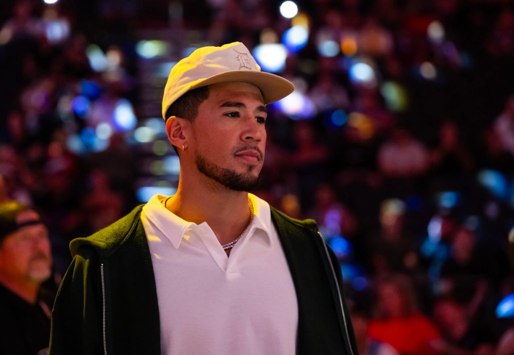 Oct 14, 2025; Phoenix, Arizona, USA; Phoenix Suns guard Devin Booker against the Los Angeles Lakers during an NBA preseason game at Mortgage Matchup Center. Mandatory Credit: Mark J. Rebilas-Imagn Images